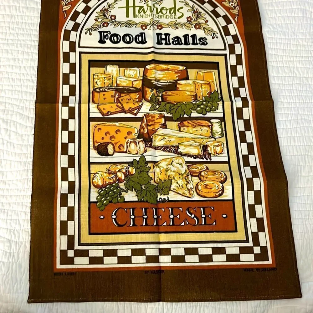 Vintage Harrods food Halls 1960s cheese tea towel Size 18 1/2” x 30”